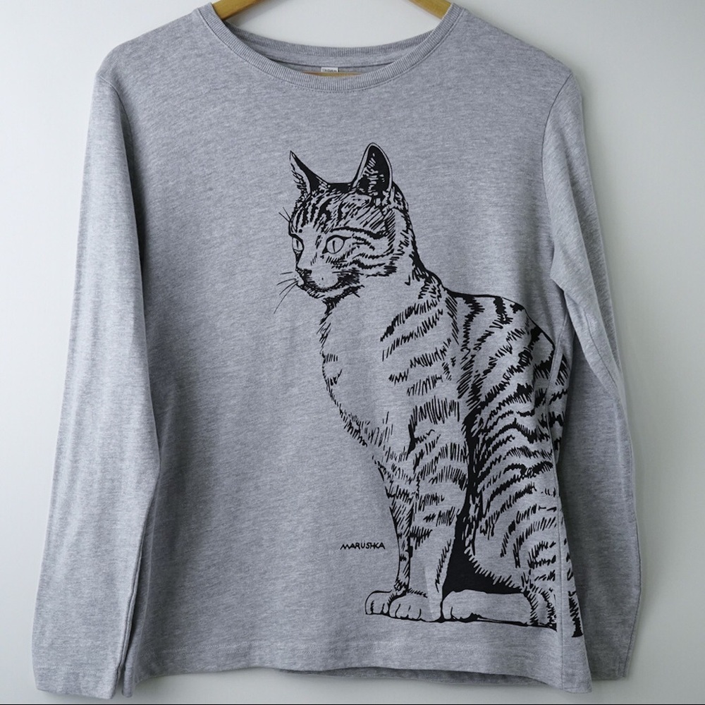 MARUSHKA Women's Long Sleeve Handprinted Cat Tee M